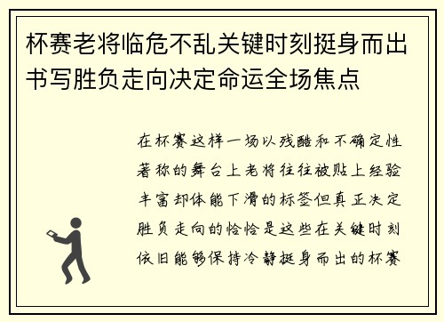 杯赛老将临危不乱关键时刻挺身而出书写胜负走向决定命运全场焦点 杯赛老将临危不乱关键时刻挺身而出书写胜负走向决定命运全场焦点